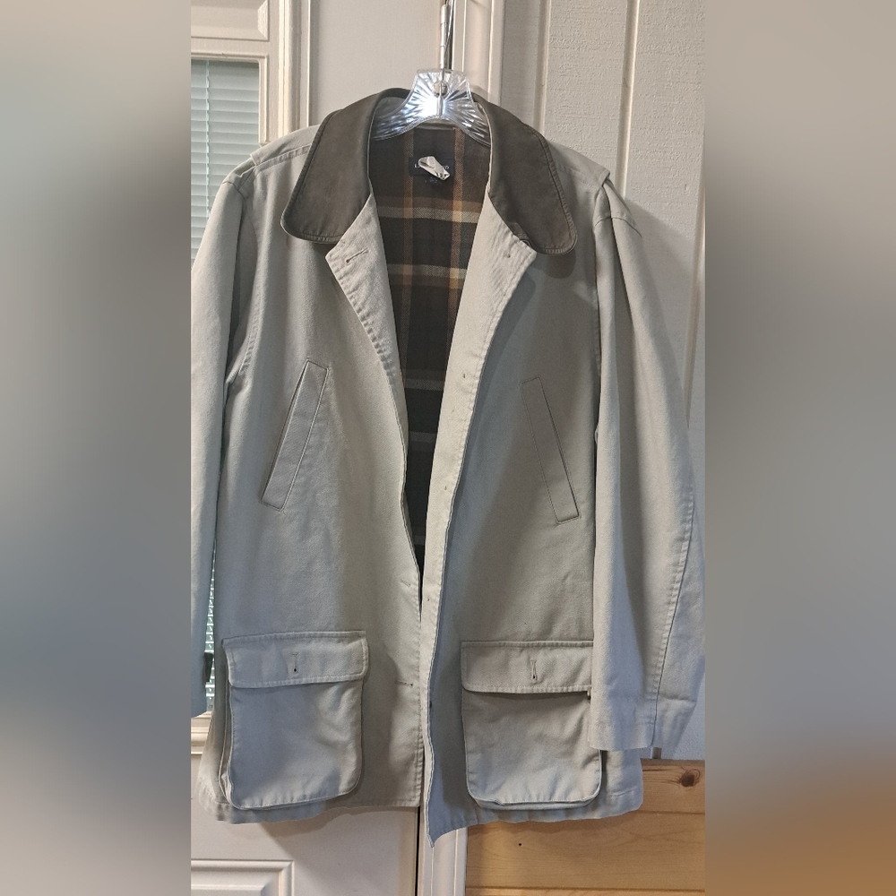 Lands' End Light Gray Utility Jacket with Dark Brown Collar